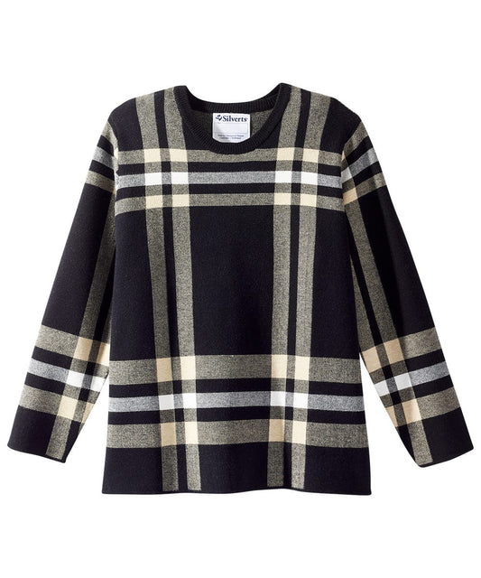 Women's Open Back Plaid Crew Neck Sweater