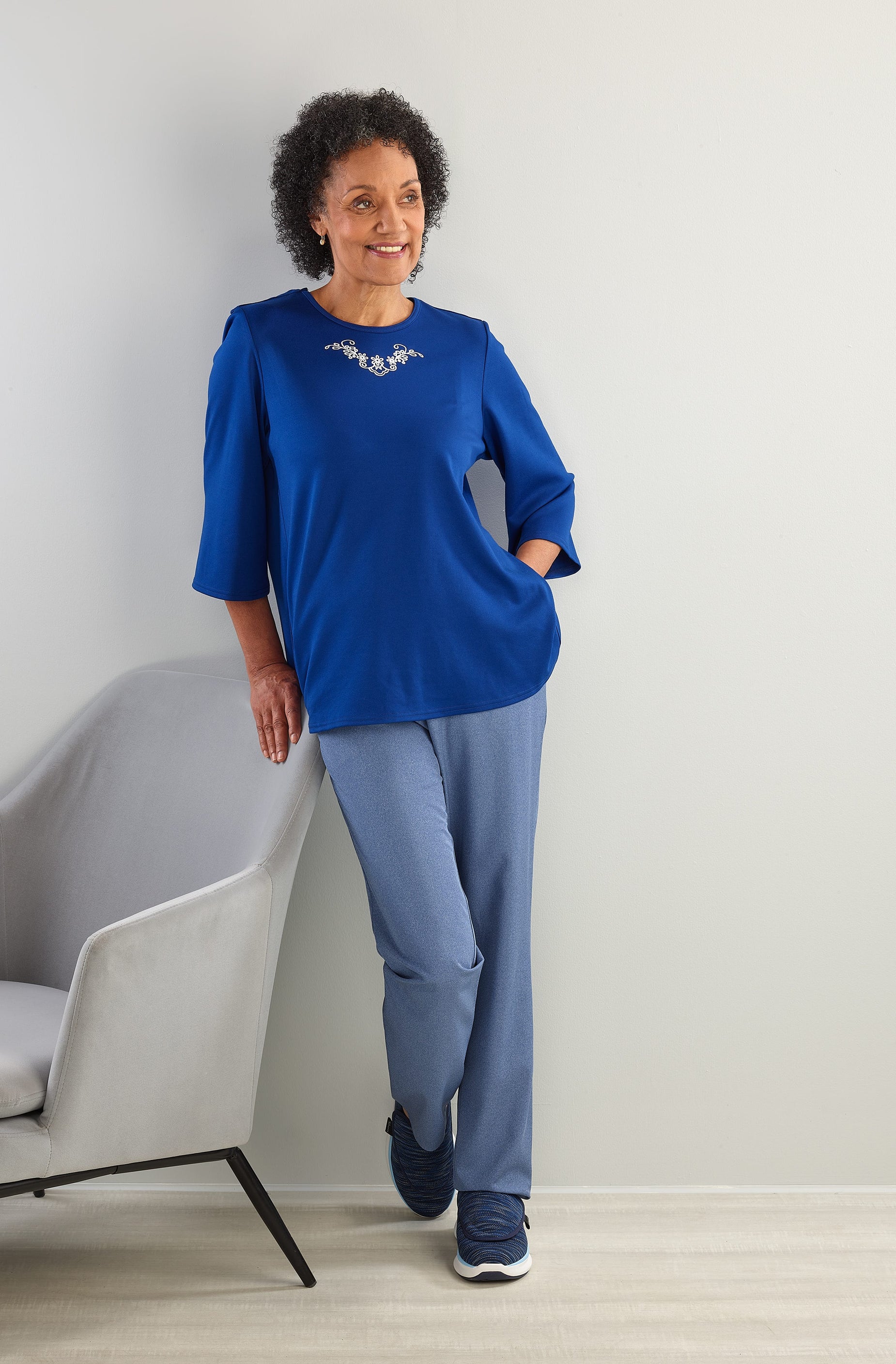 Women's Open Back 3/4 Length Sleeve Top with Embroidery