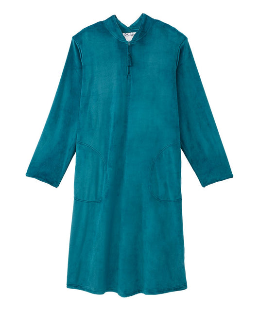 Women's Open Back Plush Nightgown with Zip Front