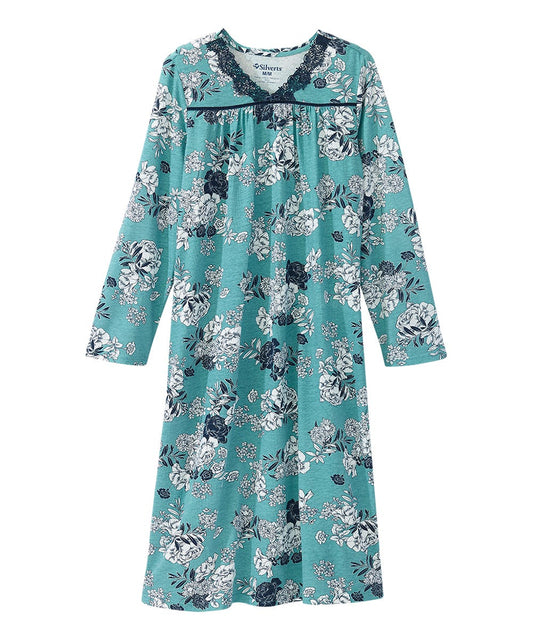 Women's Open Back Long Sleeve Lace Trim Nightgown