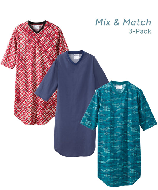 Men's Open Back Classic Nightgown Bundle - 3 Pack