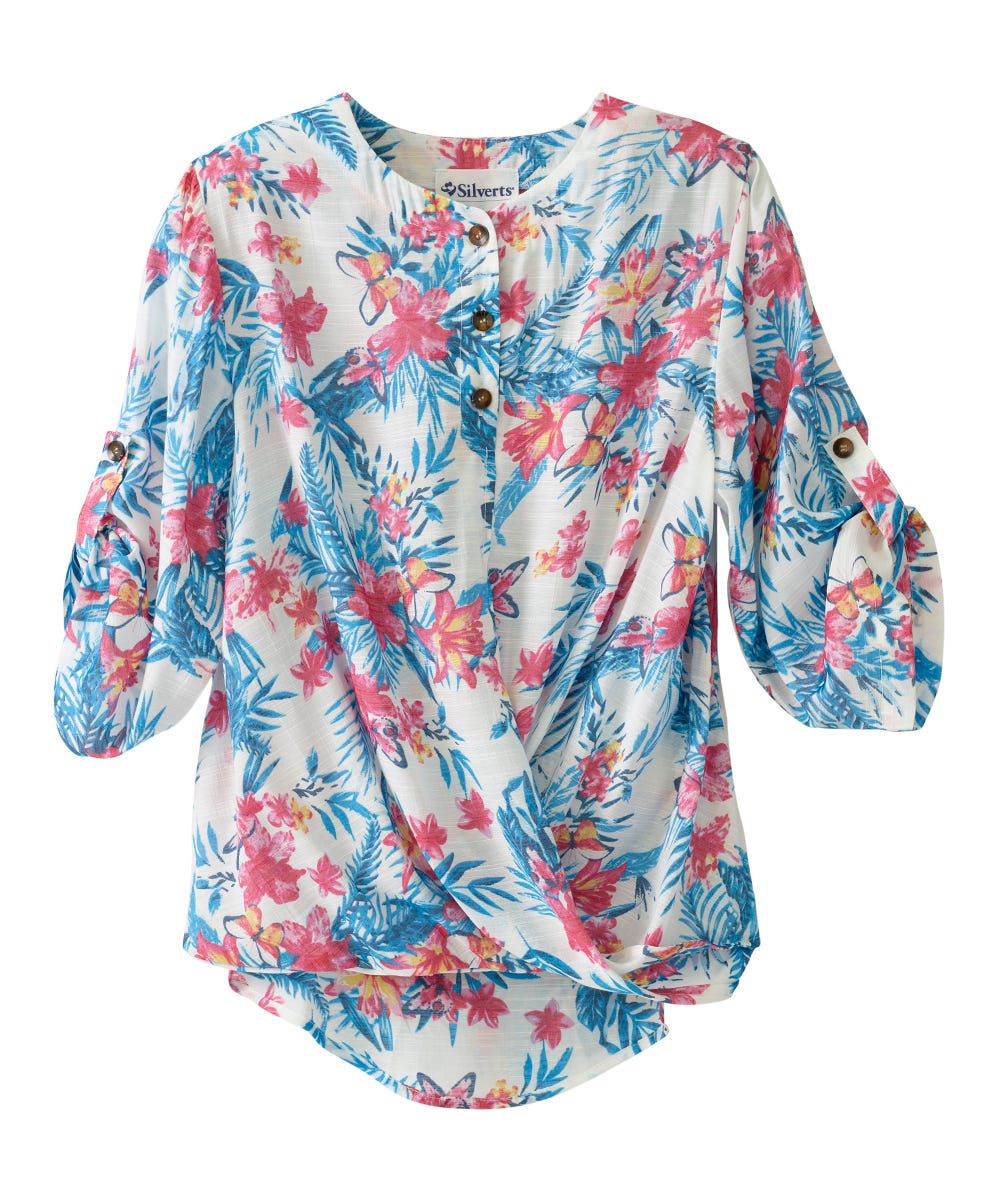 Women's Open Back Henley Top with Convertible Sleeves