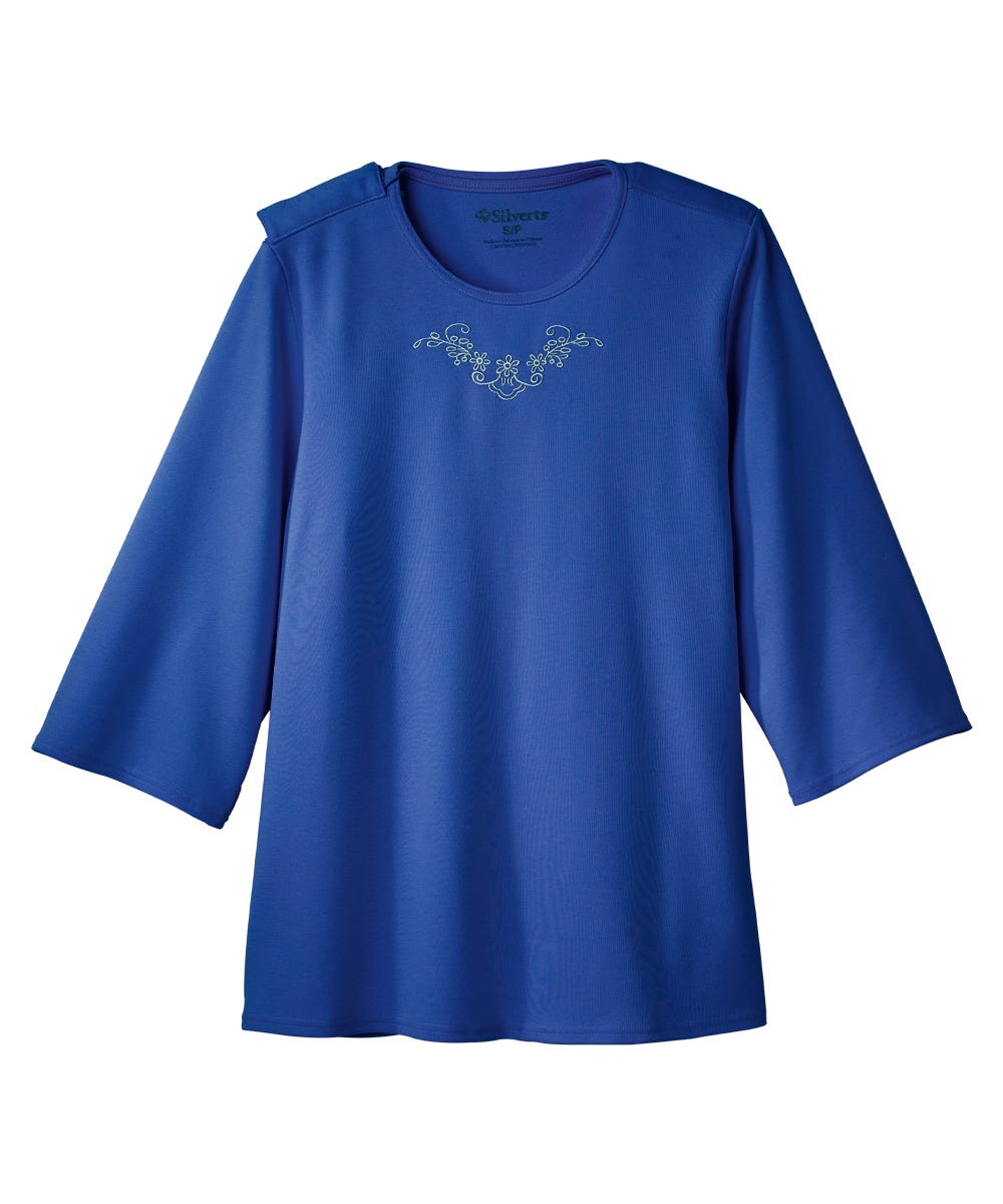 Women's Open Back 3/4 Length Sleeve Top with Embroidery