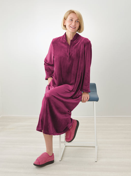 Women's Open Back Plush Nightgown with Zip Front