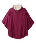 A red wheelchair cape with an attached hood, designed for warmth and ease of dressing with a front zipper.
