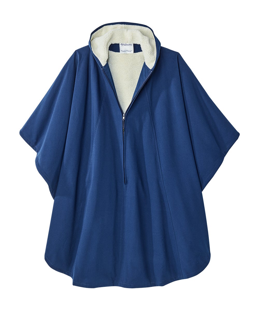 Blue poncho with a white interior on a white background