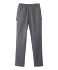 Men's gray open back cotton trouser pant with side pockets and elastic waistband.