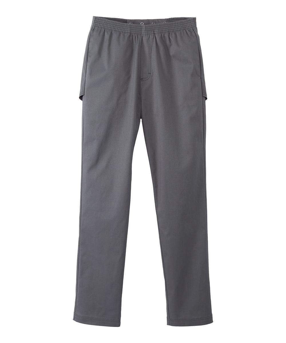 Men's gray open back cotton trouser pant with side pockets and elastic waistband.