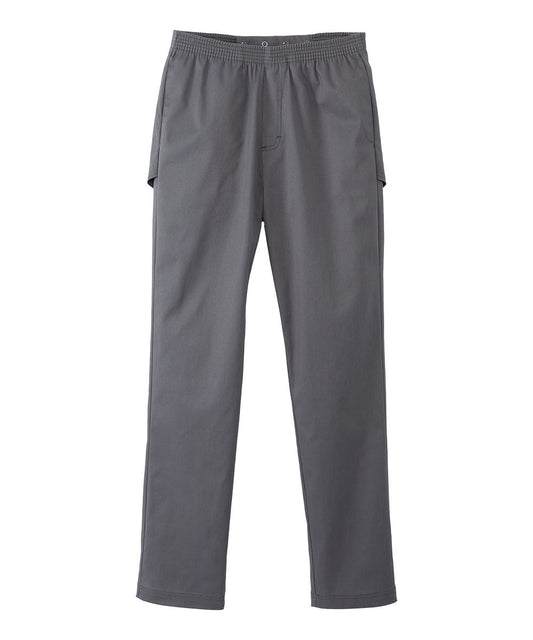 Men's gray open back cotton trouser pant with side pockets and elastic waistband.